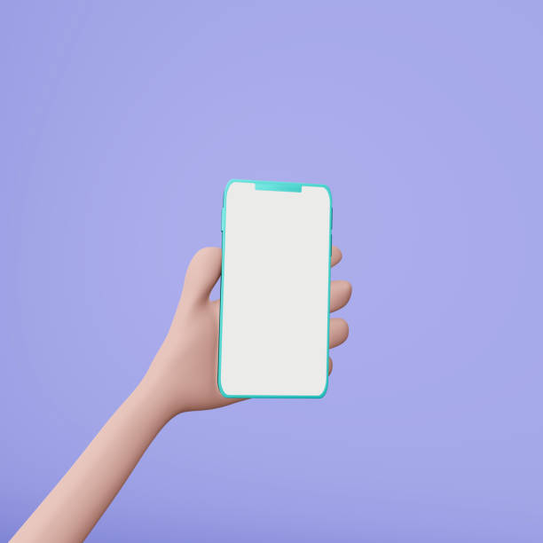 istock 3D Cartoon hand holding smartphone isolated on purple background, Hand using mobile phone mockup. 3d render illustration 1361008772