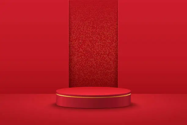 Vector illustration of Abstract vector rendering 3d shape for placing the product with copy space. Modern red and gold round podium with geometric background. Vector illustration