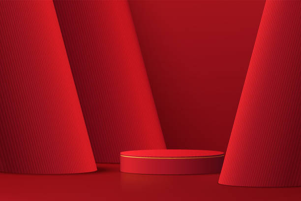 istock Realistic dark red 3D cylinder pedestal podium with red pillar  layers background. Minimal scene for products showcase, Promotion display. Abstract studio room platform. Happy lantern day concept. 1361011840