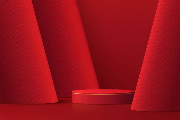 Vector illustration of Realistic dark red 3D cylinder pedestal podium with red pillar  layers background. Minimal scene for products showcase, Promotion display. Abstract studio room platform. Happy lantern day concept.