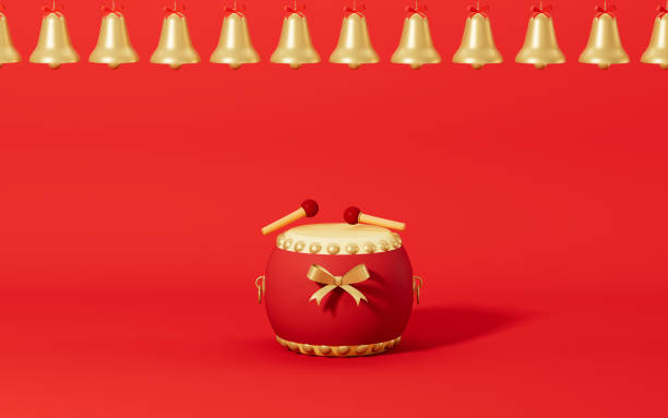 złote dzwonki i bęben z czerwonym tłem, rendering 3d. - drumhead zdjęcia i obrazy z banku zdjęć