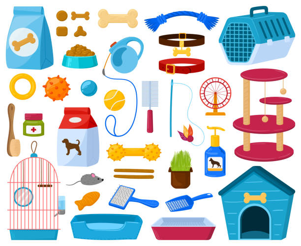 Cartoon pet shop accessories, cats, dogs food and toys. Dog and cat supplies, domestic animals care equipment. Vector illustration set. Pet shop assortment Cartoon pet shop accessories, cats, dogs food and toys. Dog and cat supplies, domestic animals care equipment. Vector illustration set. Pet shop assortment. Kitten and puppy collar, brush pet equipment stock illustrations