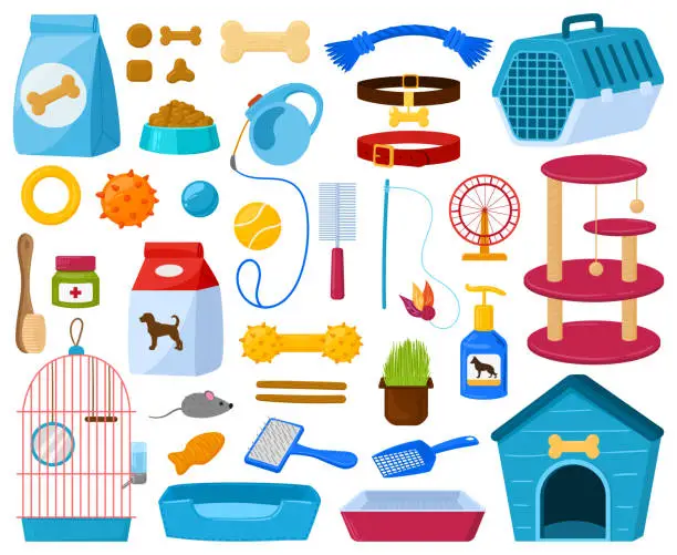 Vector illustration of Cartoon pet shop accessories, cats, dogs food and toys. Dog and cat supplies, domestic animals care equipment. Vector illustration set. Pet shop assortment