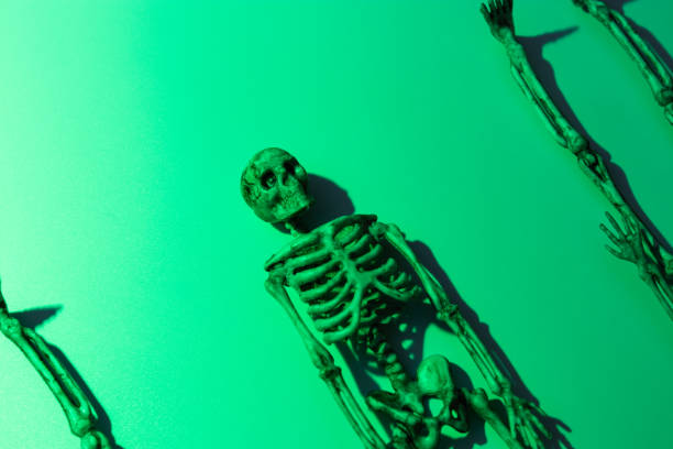 Skeleton peeking out of a window with a curtain