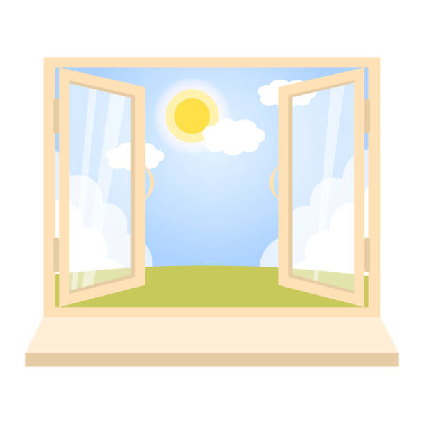 Open window with sunny day scene view. Open window with sunny day scene view. Vector template. sunny window stock illustrations