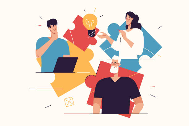 Vector illustration depicting a happy young man finding an effective solution. Editable stroke Vector illustration on the subject of startup, teamwork, generating ideas. Editable stroke. man presentation stock illustrations