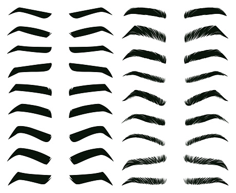 Cartoon eyebrows shapes, thin, thick and curved eyebrows. Classic eyebrows, brow makeup shaping vector illustration set. Various eyebrows types. Male and female different forms isolated on white