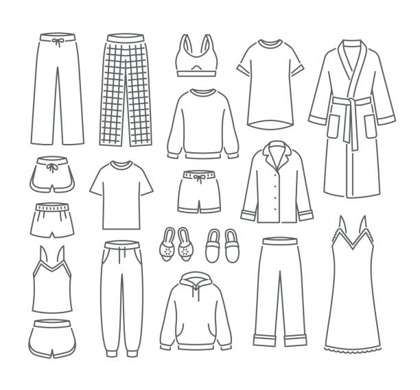 ilustraciones, imágenes clip art, dibujos animados e iconos de stock de ropa de hogar para mujeres iconos de línea delgada plana simple - ropa de dormir