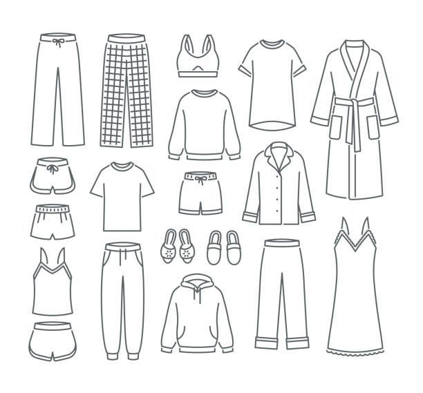 여성 홈 옷 간단한 평면 얇은 라인 아이콘 - shirt cotton textile contemporary stock illustrations
