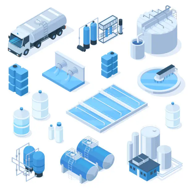 Vector illustration of Isometric 3d water purification industrial system technology facilities. Industrial water tanks, pumping station vector illustration set. Industrial water facilities