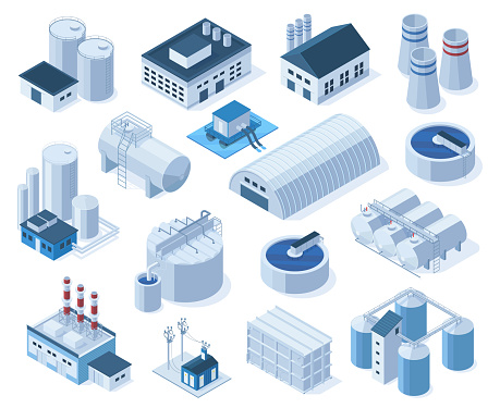 Isometric industrial factory buildings, warehouse, water purification system. Plant buildings, factories with tanks, pipes, crane vector illustration set. Industrial objects city map planning