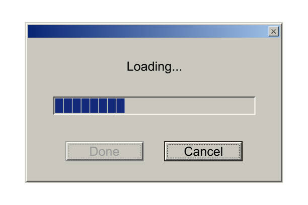 ilustraciones, imágenes clip art, dibujos animados e iconos de stock de barra de descarga retro, ventana de alerta en el monitor de la computadora con mensaje de carga, estilo clásico - image created 1990s
