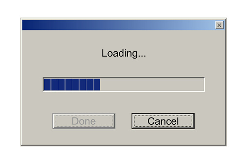 Retro download bar, alert window on computer monitor with loading message vector illustration. Classic style of upload progress in old system user interface, warning pixel website design with buttons