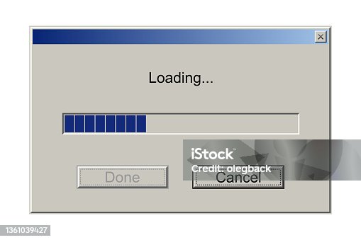 istock Retro download bar, alert window on computer monitor with loading message, classic style 1361039427