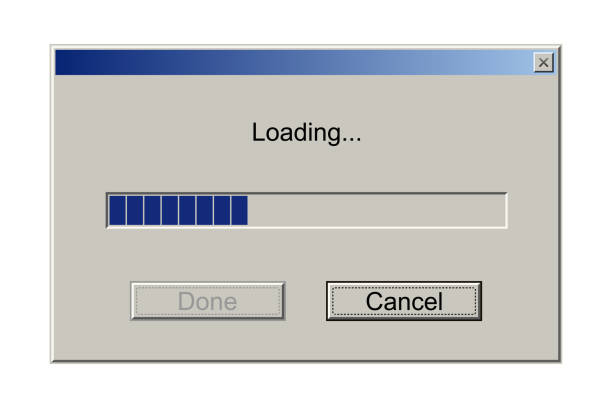 Retro download bar, alert window on computer monitor with loading message, classic style Retro download bar, alert window on computer monitor with loading message vector illustration. Classic style of upload progress in old system user interface, warning pixel website design with buttons loading stock illustrations