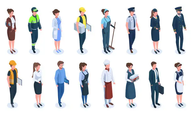 Vector illustration of Isometric professionals, businessman, doctor, cook, policeman, engineer. Different occupation, teacher, waitress, pilot vector illustration set. People professions diverse