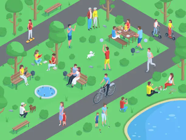 Vector illustration of Isometric city park landscape with people doing outdoor activities. Public park summer active recreations vector illustration. People walking, jogging and having picnic