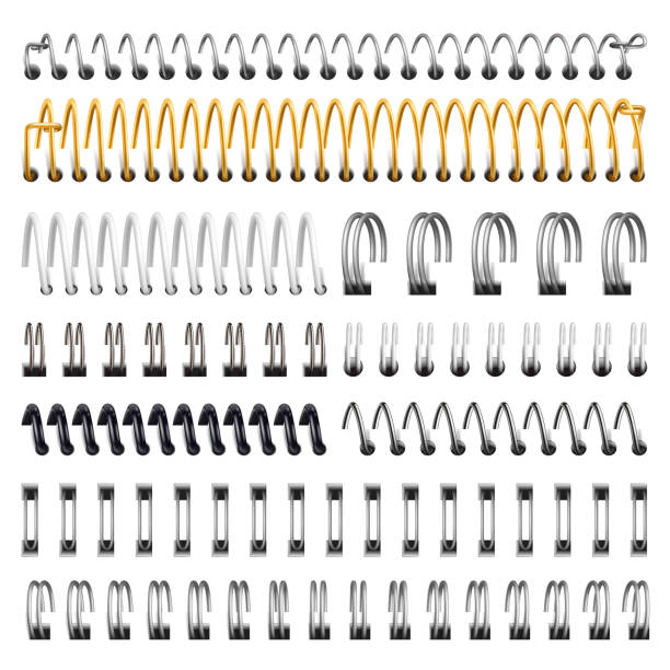 ilustraciones, imágenes clip art, dibujos animados e iconos de stock de espirales realistas de hierro para cuadernos plateados, negros y dorados. cuaderno, organizador de espirales de hierro conjunto de ilustraciones vectoriales. cuaderno de bocetos con cable o espirales de calendario - vinculación