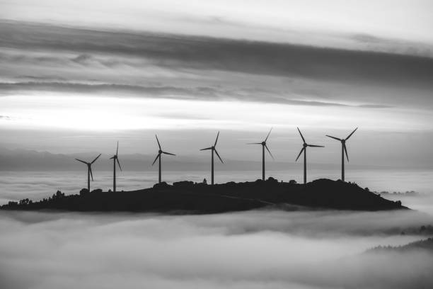 Operating wind farm in Albacete, Spain. Monochrome picture.
