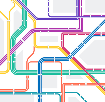 Subway connection network traffic direction abstract map background.