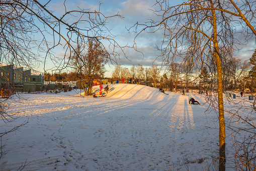 Uppsala. Sweden. 12.25.2021. Beautiful winter landscape. Snow-covered hill where children go sledding and snowboarding with their parents in cottage village.