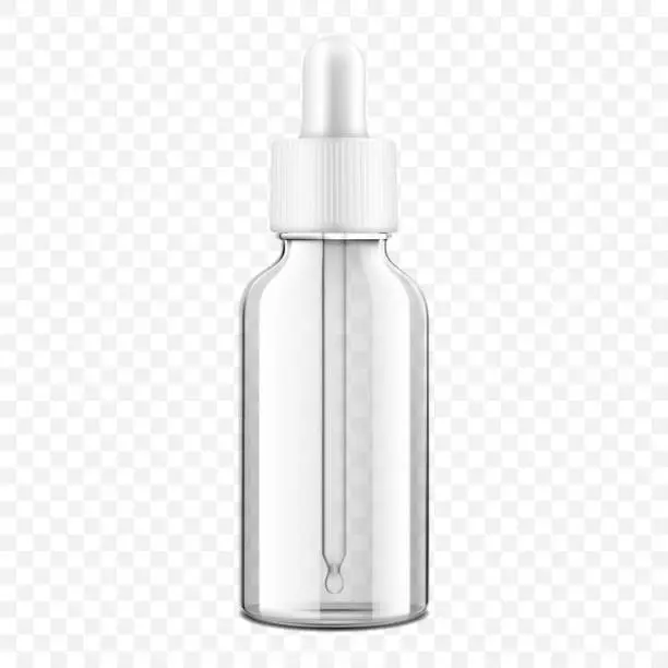 Vector illustration of Clear glass dropper bottle, isolated on transparent background. Medical containers, Realistic packaging mockup template. 3d Vector illustration.