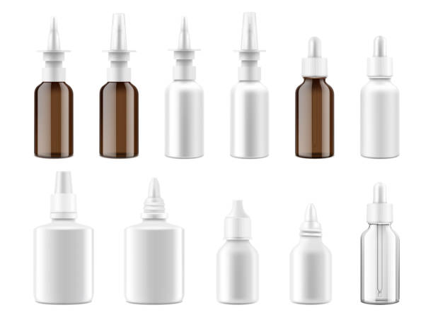 Dropper and spray bottles mockup set. 3d Realistic medical containers for nasal, eye drops, aromatic oil. Vector isolated plastic and glass bottles with screw lids on white background Dropper and spray bottles mockup set. 3d Realistic medical containers for nasal, eye drops, aromatic oil. Vector isolated plastic and glass bottles with screw lids on white background nasal spray stock illustrations
