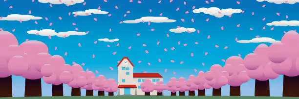 Vector illustration of A tunnel school building , garden road behind a row of cherry blossom trees in spring 11