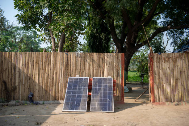 New Delhi, India-Dec 12 2021: single solar panel out in front of House in a village area.