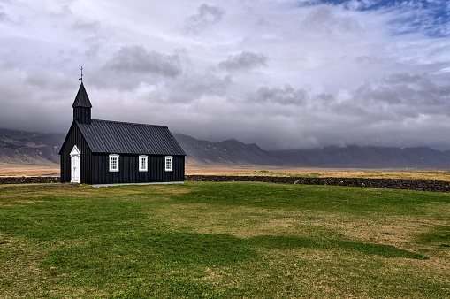The Little black church of Budir, Buoakirkja Black Church, On the south coast of Snæfellsnes peninsula In the West of Iceland.