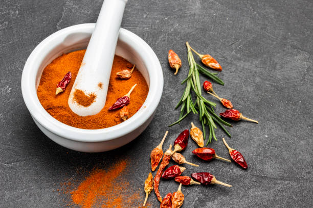 ground paprika in ceramic mortar and pestle. - mortar and pestle spice seasoning coriander seed imagens e fotografias de stock