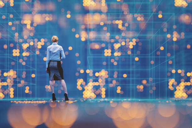 istock Abstract businesswoman standing in VR environment 1361076112