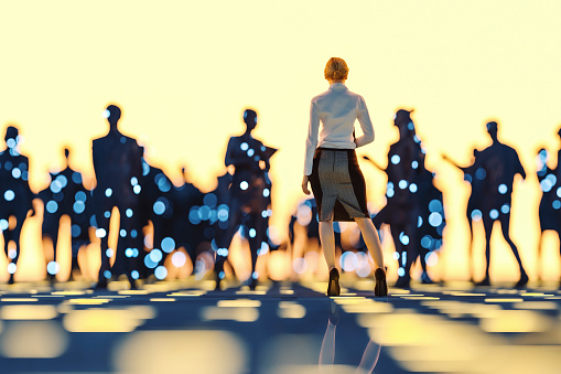 Abstract businesswoman standing in VR environment. 3D generated image.
