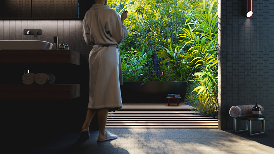Bathroom with bathtub on outdoor deck, all objects in the scene are 3D