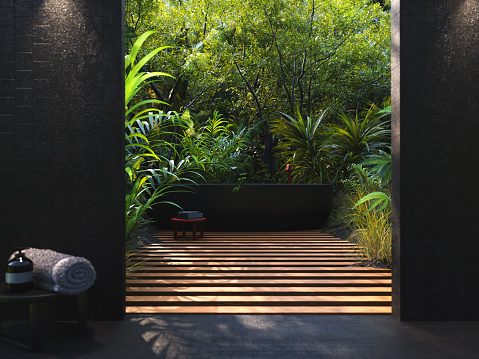 Bathroom with bath on outdoor deck, 3D render