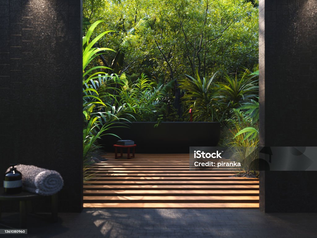 Bath outdoors Bathroom with bath on outdoor deck, 3D render Spa Stock Photo