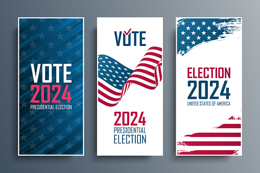 2024 United States Presidential Election Flyers Set. USA President Elections Vote templates collection. Vector Illustration.