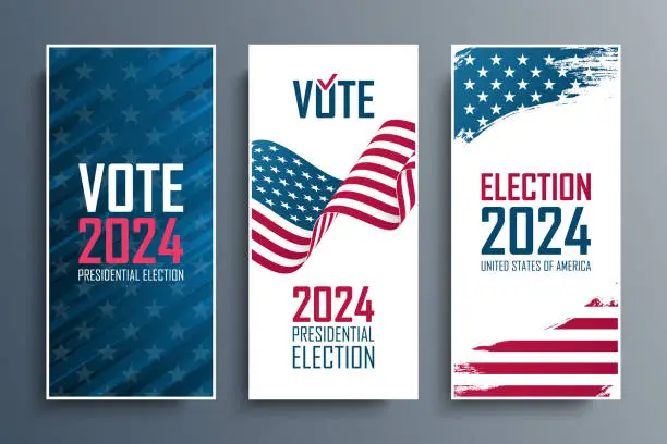 Vector illustration of 2024 United States Presidential Election Flyers Set. USA President Elections Vote templates collection.