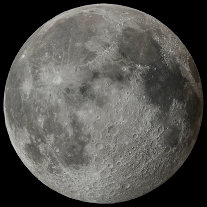 Close-up of the moon on a black background. Black and white image.