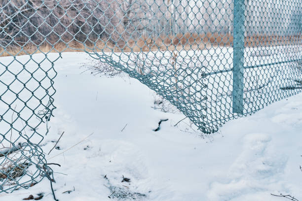 trou dans la clôture de la bordure métallique. - winter wire barbed wire protection photos et images de collection