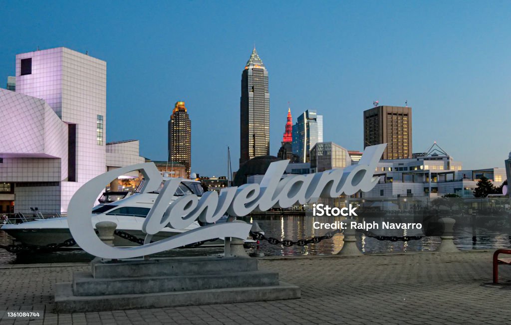 Twilight and sunset pictures of downtown Cleveland and Lake Erie Cleveland - Ohio Stock Photo