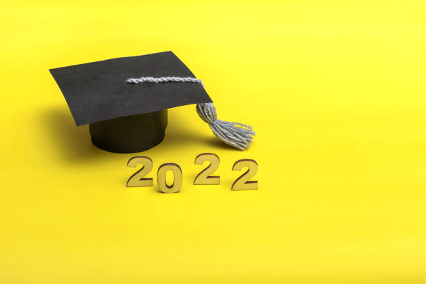 istock Gift box in the form of a graduation cap. 2022 release concept on yellow background copy space 1361087792