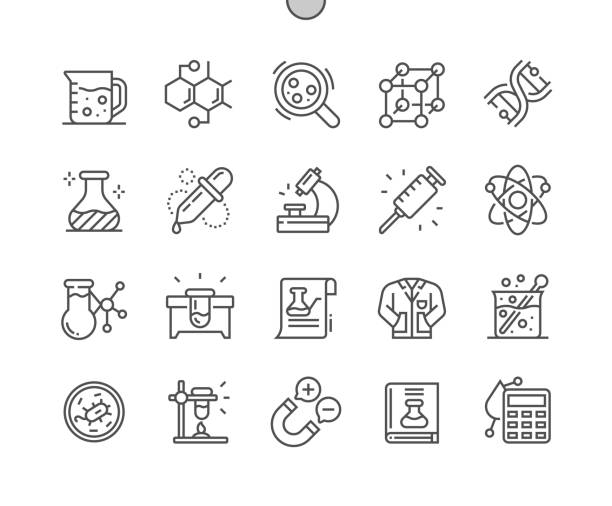 labor. mikroskop. laborberechnungen. chemische formel. flasche und pipette. pixel perfect vector thin line icons. einfaches minimales piktogramm - science book glass document stock-grafiken, -clipart, -cartoons und -symbole