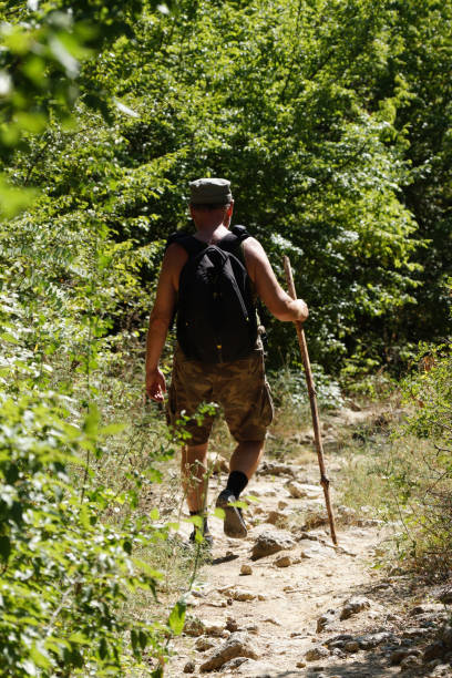 istock A man with a backpack and a walking stick is walking along a trail in the forest, traveling alone. Hiking trip 1361090376