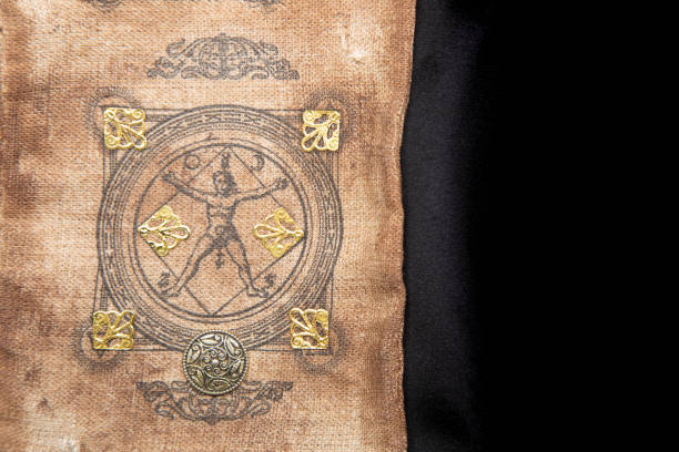 istock Ancient esoteric witchcraft background. Occultims and paganism old symbol, with mysterious runes alphabet 1361090657