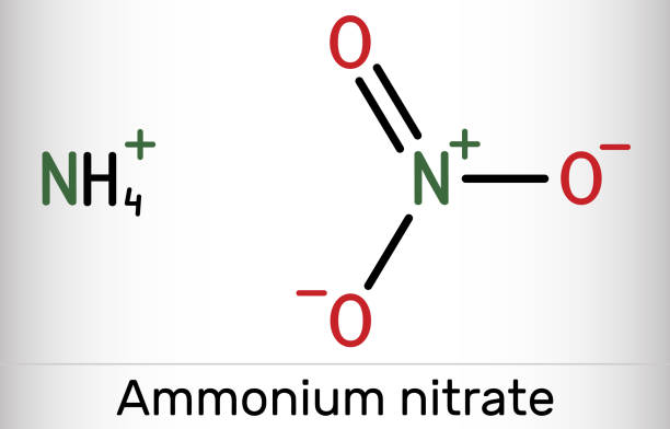 Ammonium nitrate, NH4NO3 molecule. It is ammonium salt of nitric acid. Used to make fertilizers and explosives, in producing antibiotics and yeast. Skeletal chemical formula Ammonium nitrate, NH4NO3 molecule. It is ammonium salt of nitric acid. Used to make fertilizers and explosives, in producing antibiotics and yeast. Skeletal chemical formula. Vector illustration ammonium nitrate stock illustrations