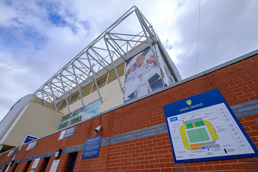Leeds, United Kingdom - August 17, 2021: Exterior view of  Elland Road football stadium showing a plan of the stands in Leeds, England