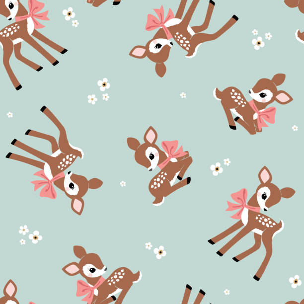 Vintage fawn Seamless vector pattern with cute vintage fawn on floral background. Perfect for textile, wallpaper or print design. fawn young deer stock illustrations