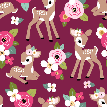 Seamless vector pattern with cute vintage fawn on floral background. Perfect for textile, wallpaper or print design.