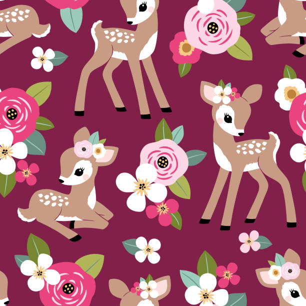 Vintage fawn Seamless vector pattern with cute vintage fawn on floral background. Perfect for textile, wallpaper or print design. fawn stock illustrations